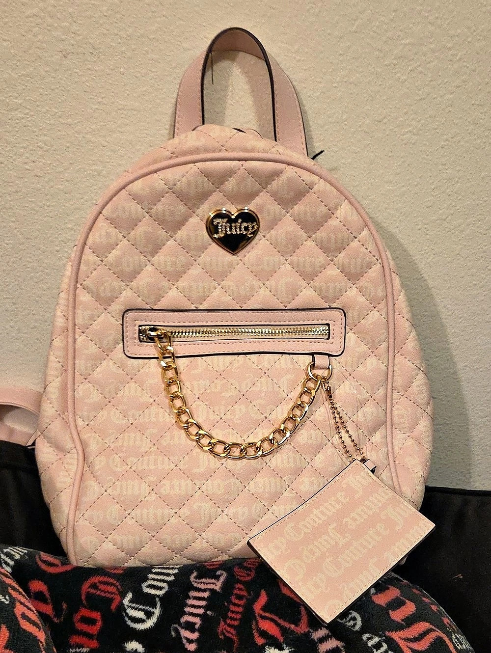 Juicy Couture Quilted Monogram Mini Backpack with Coin Purse Pink
